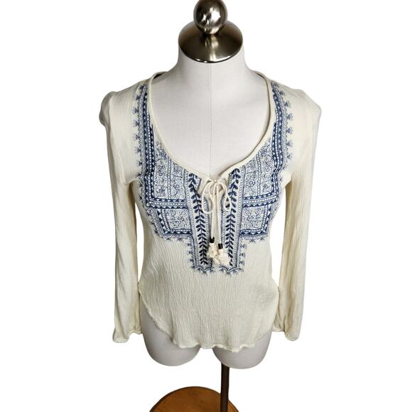 Taylor & Sage‎ Long Sleeve Embroidered Peasant Blouse Top Women's XS Cream Blue - Picture 1 of 10